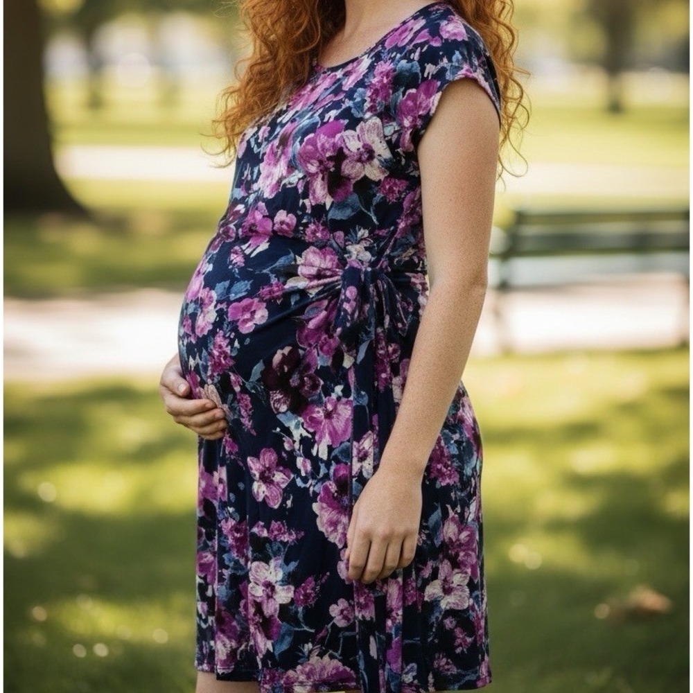My Bump Maternity Dress Womens Medium Navy Purple Floral Side Tie Faux Wrap NEW